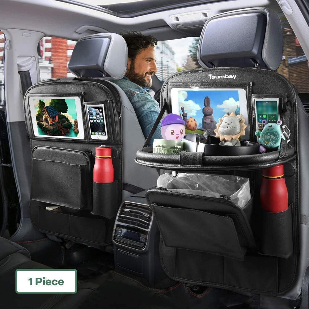 Tsumbay Car Back Seat Organizer with Trash Can PU Leather Car Storage Organizer with Foldable Table Tray,Touch Screen Tablet Holder,Car Back Seat Protectors Kick Mats -1 Piece : Automotive