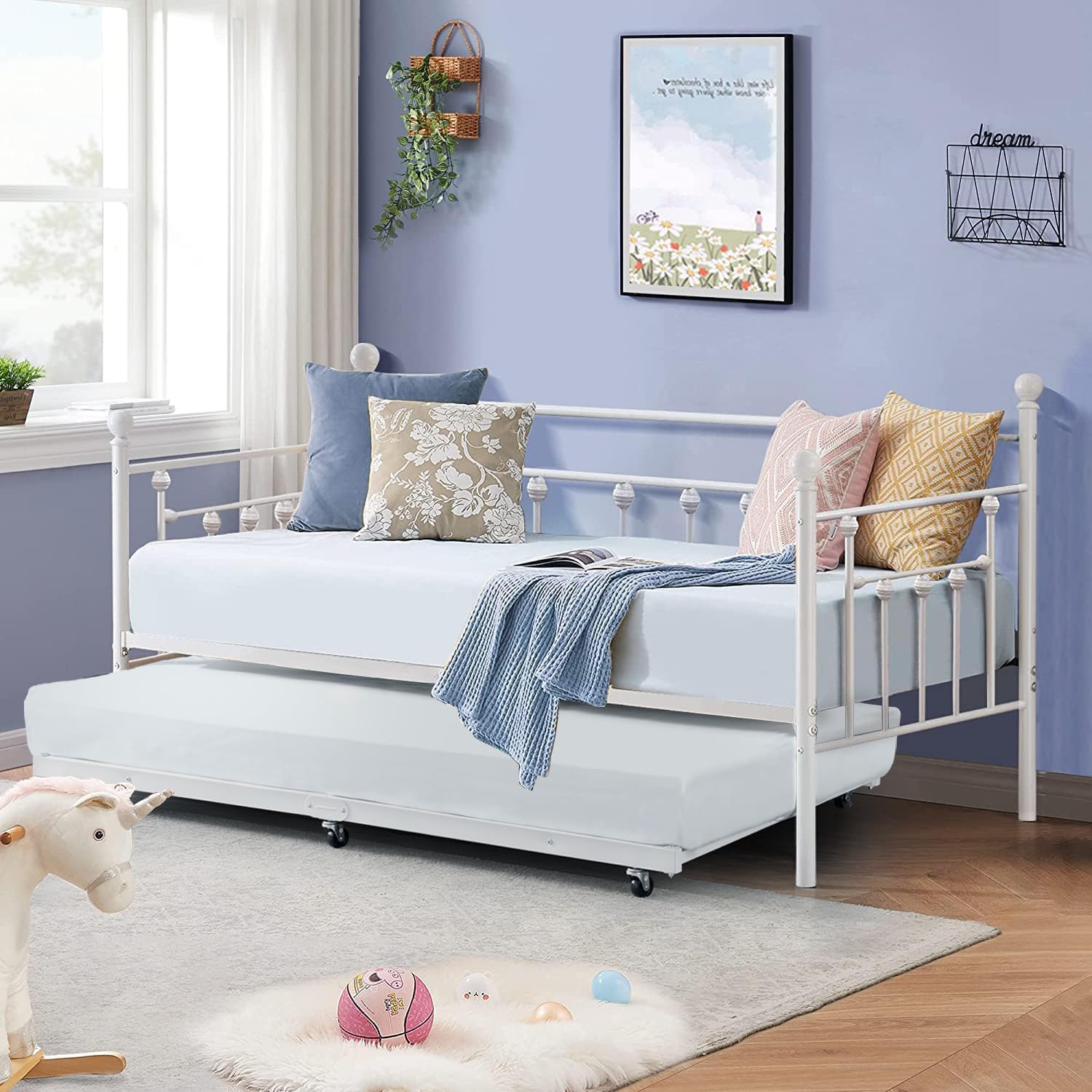 VECELO Metal Daybed Frame with Trundle Multifunctional Platform Bed Sofa with Headboard/Twin Size Mattress Foundation for Guest Living Room,White