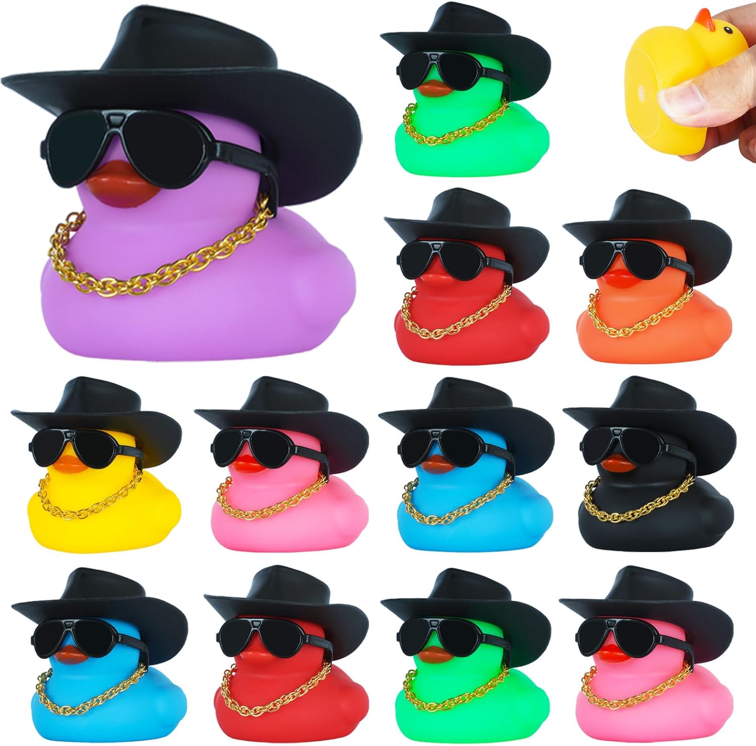 12PCS Cowboy Ducks with Hat & Sunglasses - Colorful Rubber Duck Car Decor for Dashboard, Funny Car Accessories with Golden Necklace, Squeeze Squeaky Stress Relief Decoration for Adults