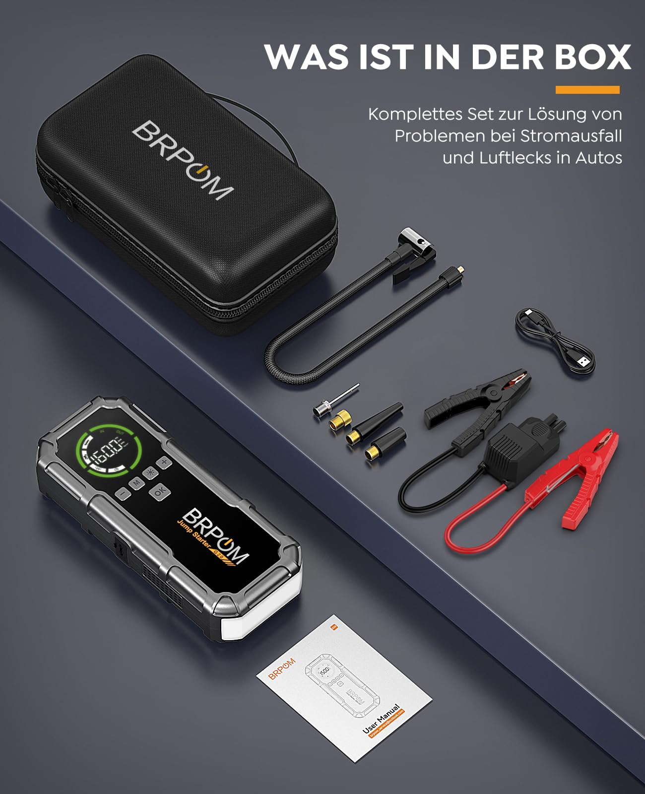 BRPOM Starthilfe Powerbank 8000A, Auto Starthilfe mit Kompressor 160PSI, 26800mAh Batteriestarter für alle Benzinmotoren und bis 12,0L Dieselmotoren, LED-Licht und Powerbank