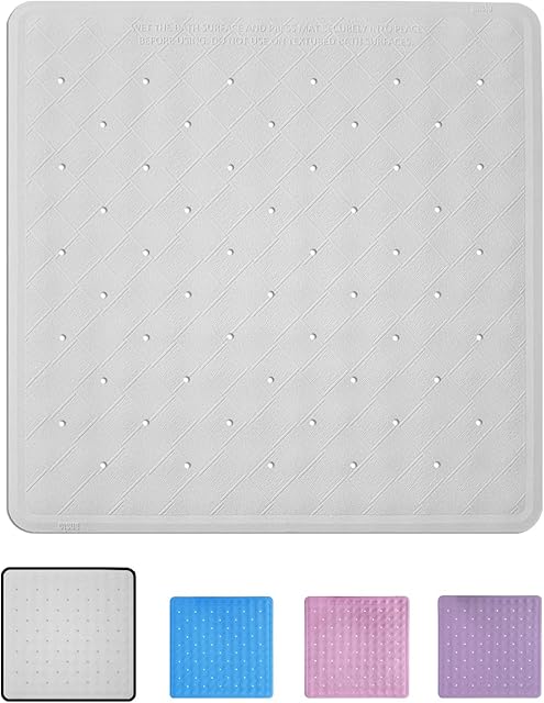 ANSIO® Shower Mats Non Slip Anti Mould Bath Mat for Bathroom Bathtub Rubber Shower Mat with Drain Holes & Suction Cups Machine Washable 54 x 54 cm / 21.2 x 21.2 inches- White