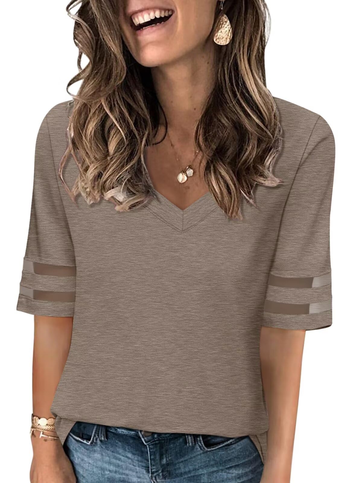 Womens V Neck T Shirts Mesh Panel Short Sleeve Tops Casual Summer Tees