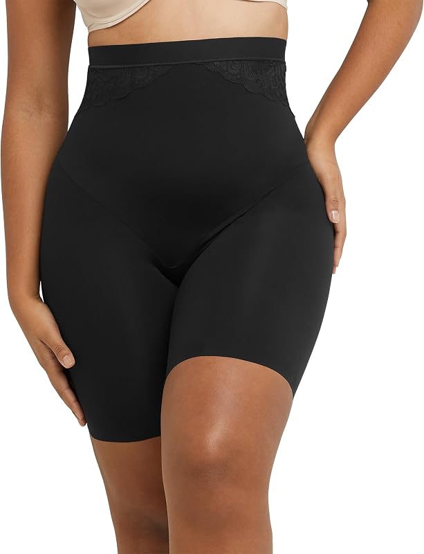 Maidenform Women's Eco Lace Firm Control High Waist Thigh Slimmer, Moisture-Wicking Shapewear Black