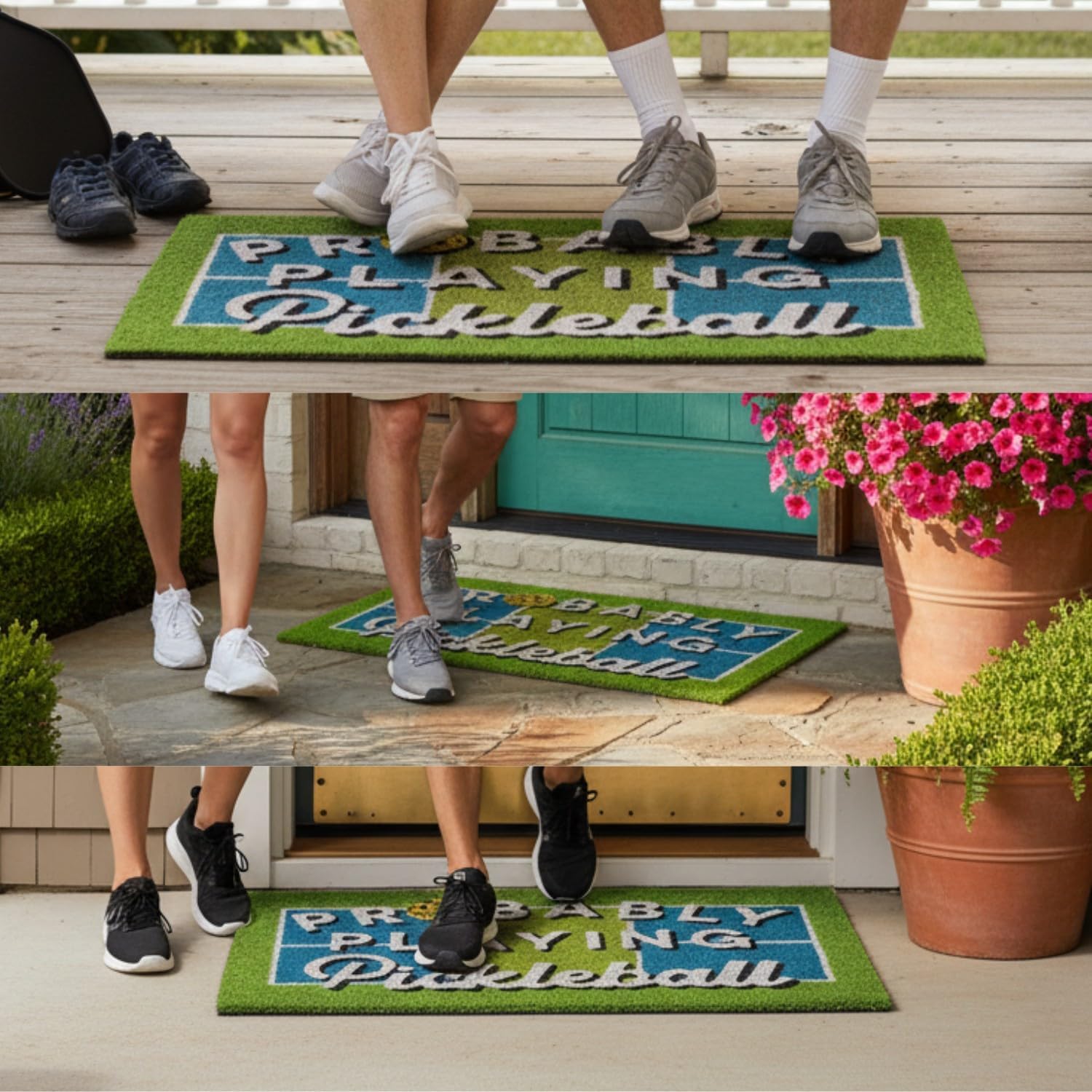 Playing Pickleball Doormat-18x30 L-Eco Friendly Coco Coir Fiber, Durable Anti-Slip Backing Rug, Welcome Indoor Outdoor Doormat for Front Door, Porch, Garage, or Mudroom