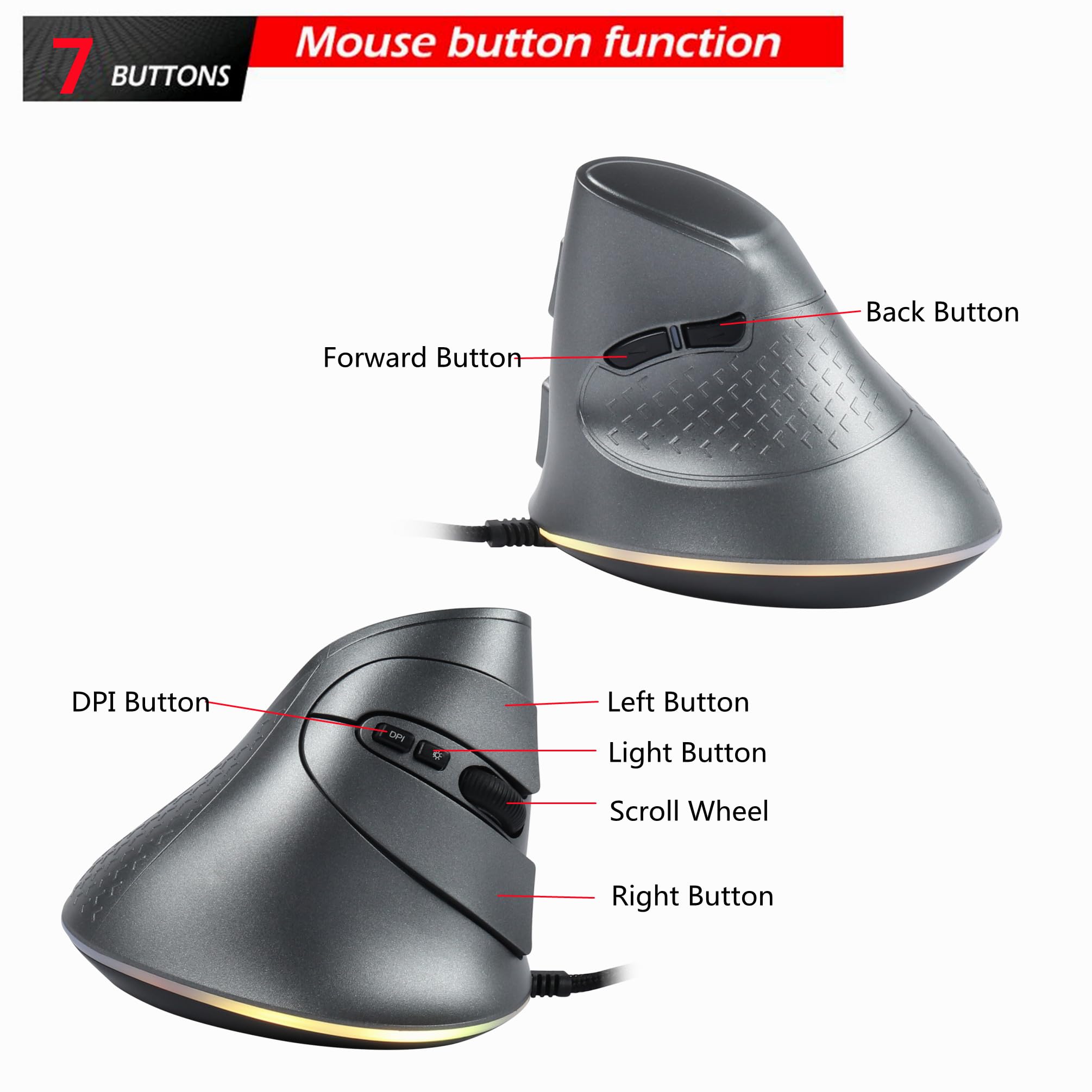 YOCUNKER Mouse verticale con cavo USB, retroilluminazione 11 RGB, 7200 DPI, mouse ottico ergonomico regolabile, 6 pulsanti, riduce l'affaticamento del polso, compatibile con