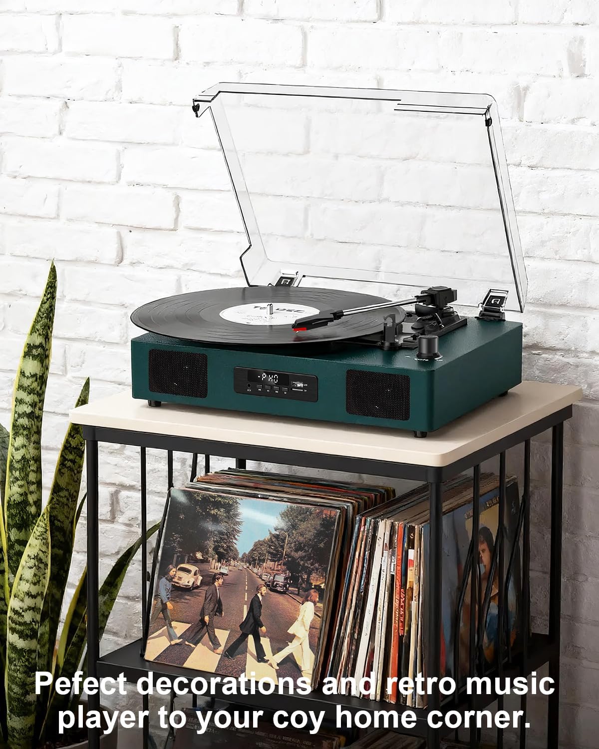 Vinyl Record Player Bluetooth with Built-in Speakers & USB Recording, Vintage Belt-Drive 3 Speeds Turntable Supports RCA Output, Auto-Stop, Green