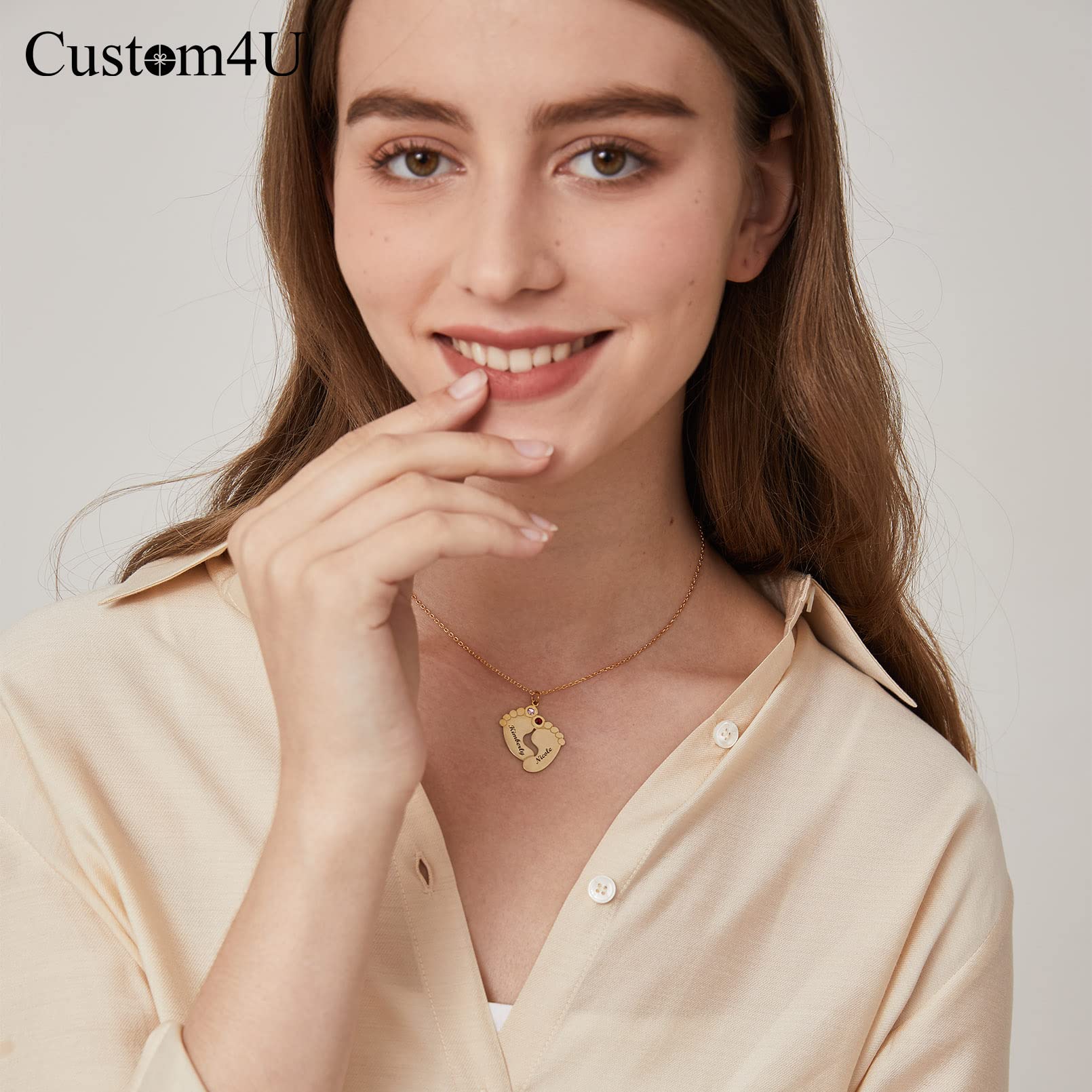 Custom4U Namenskette S925 Silber/Edelstahl Halskette Personalisierte Baby Fuß Kette Silber/18K Vergoldet Geburtsstein Baby Füße Halskette mit 1-5 Namen Geschenke für Mutter Mama Oma