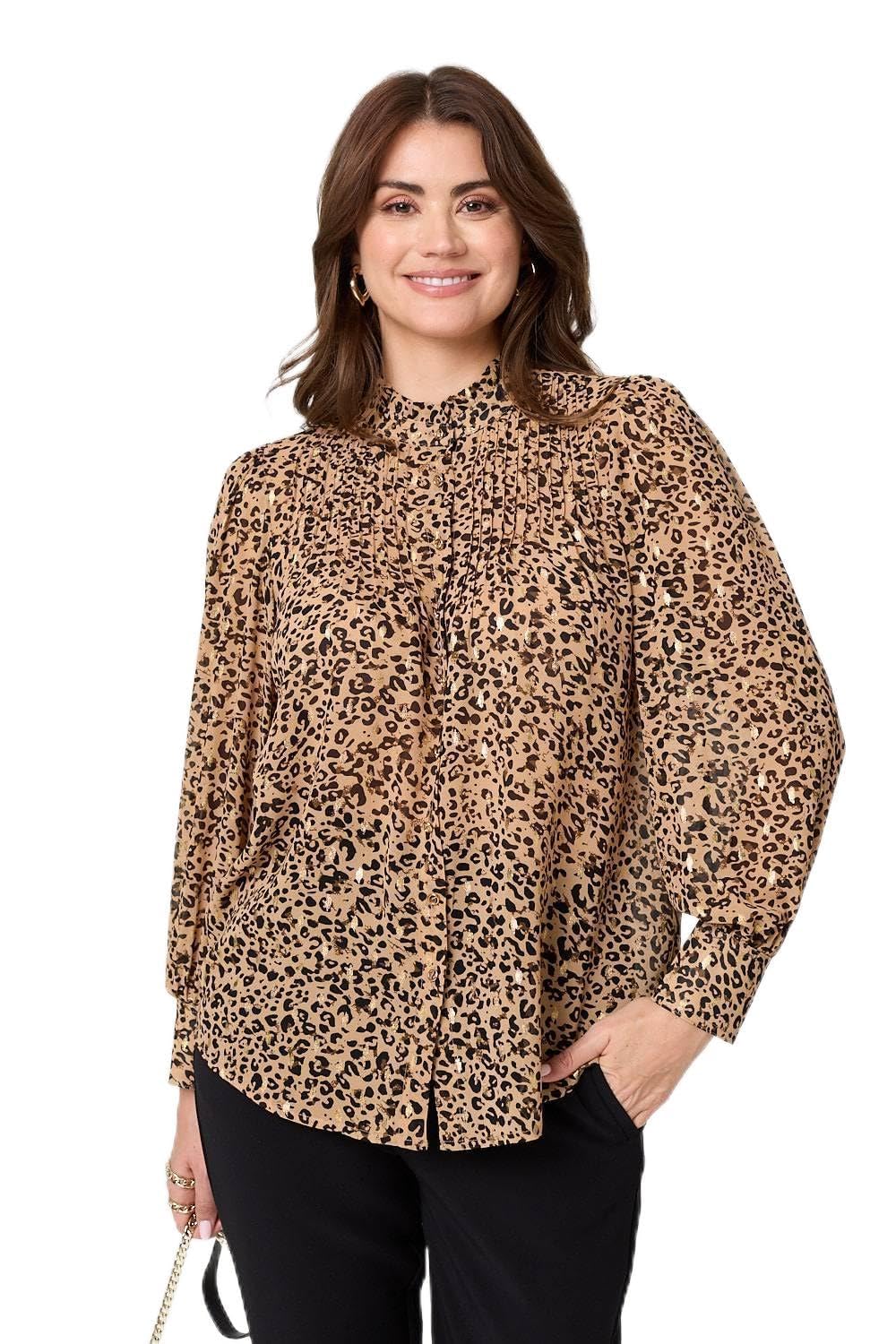 Izabel London Women's Beige Animal Print High Neck Loose Fit Blouse In Size 12