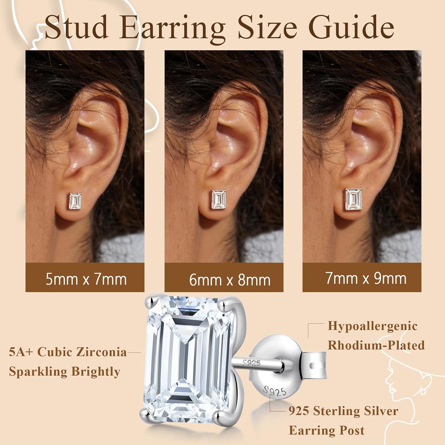 Brilliant Emerald-cut/Cushion-cut/Kite-cut/Rhombus-cut Stud Earrings, 925 Sterling Silver Cubic Zirconia CZ Earrings for Women Men Personalized Hypoallergenic Stud Jewelry Gift for Her & Him - Image 6