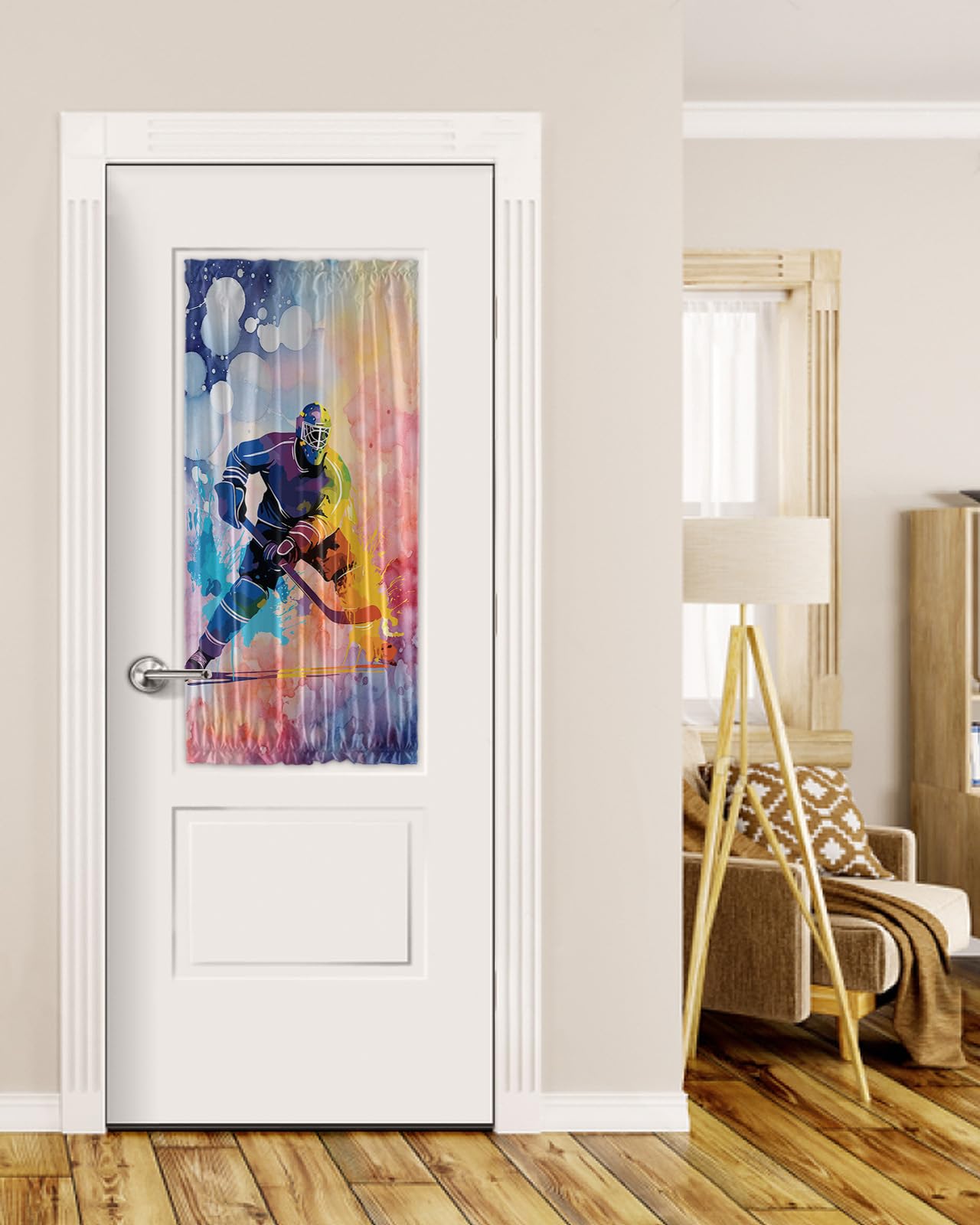 BABE MAPS French Door Curtain Sports Theme Ice Hockey Player Play Ice Hockey Blackout Rod Pocket Door Curtain Panel with Tieback Thermal Insulated Front Sidelight Curtains, 25x40in