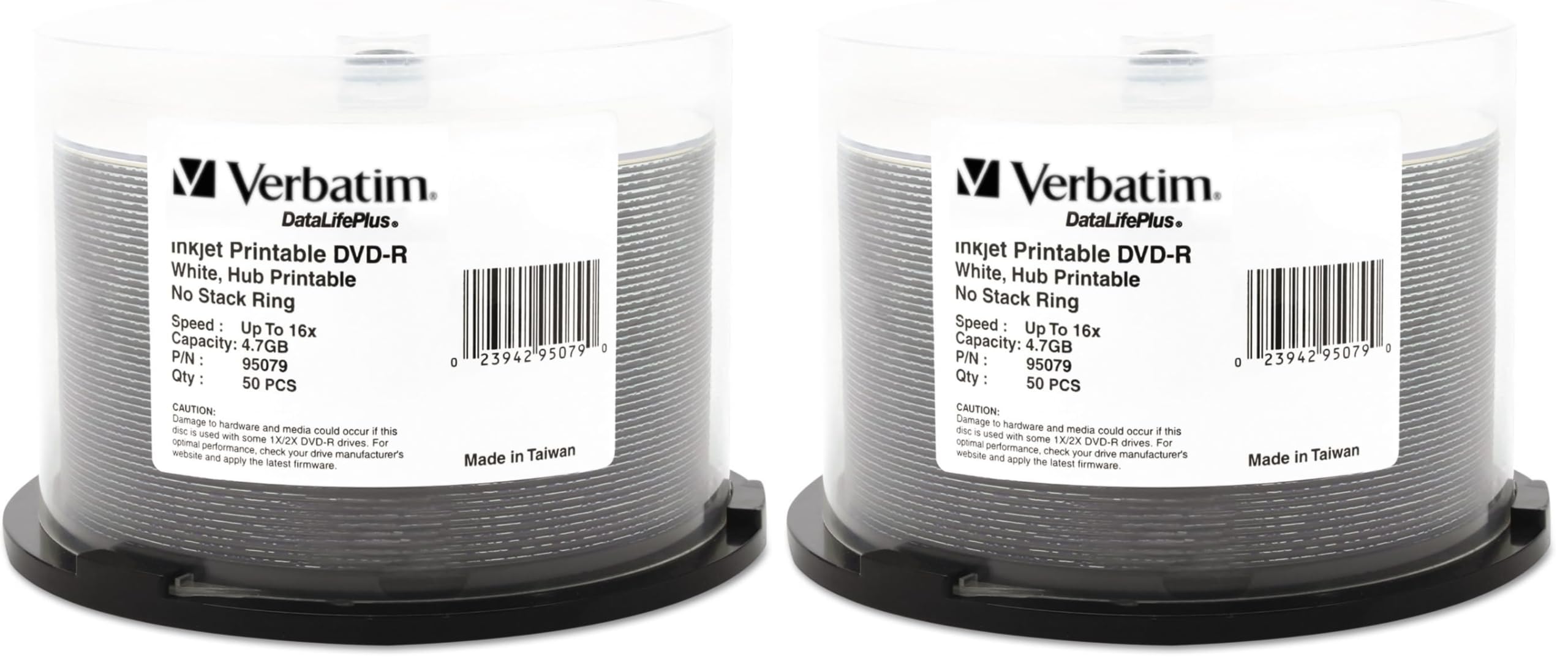 Verbatim DVD-R Blank Discs 4.7GB 16X DataLifePlus White Inkjet Printable Recordable Disc Hub Printable - 50pk Spindle 95079 (Pack of 2)