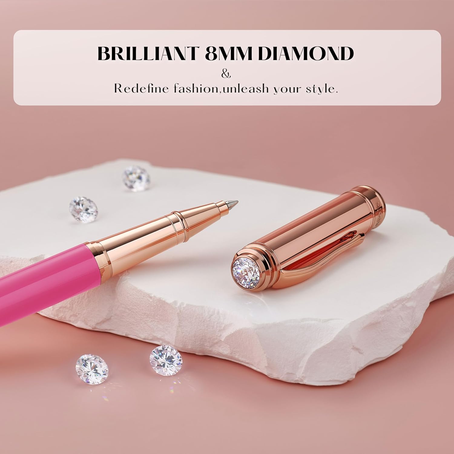 Luxury Rollerball Pen, With 8mm Brilliant diamond,Vibrant Pink Pen,Attractive Real Rose Gold Finish, Schmidt Black Refill,Glitter Fancy Pens Gifts for Women Wedding Bridesmaid Office,Nice pen - Image 2