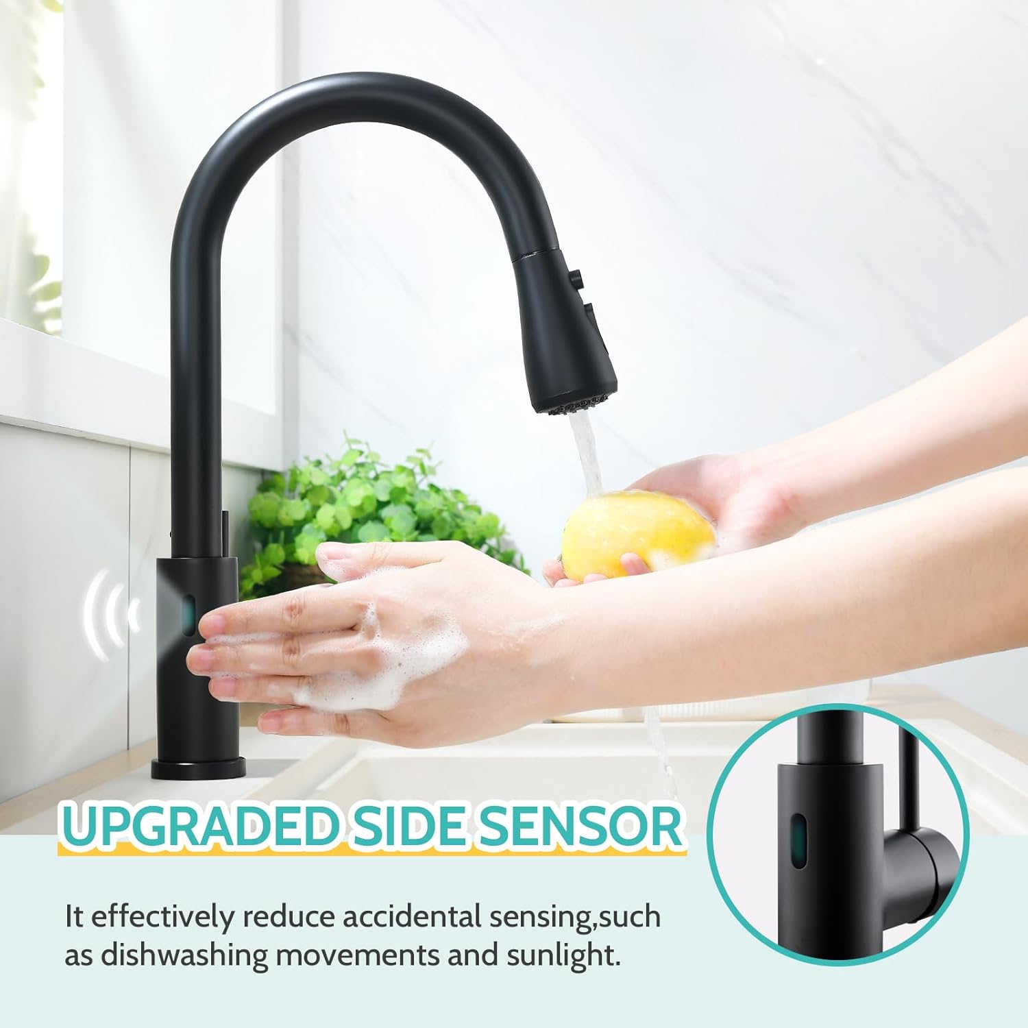 Kicimpro Black Touchless Kitchen Faucet with Pull Down Sprayer Single Handle, Side Motion Sensor Kitchen Touchless Faucet with Water Lines, Two Modes Matte Black Touchless Faucet for Kitchen Sink Touchless Black Faucet