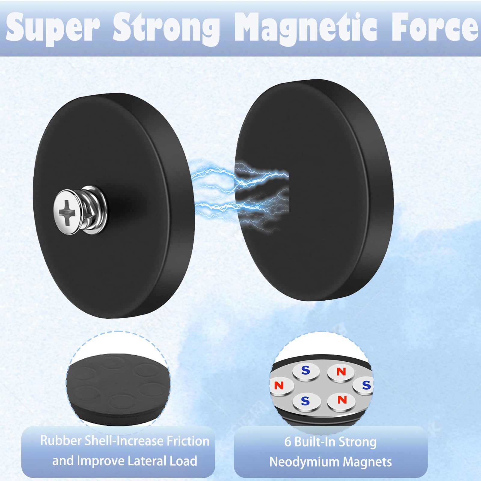 4 Stück Neodym Magnete Gummiert, Ø 66mm Gummi Runde Magnete Anti-Rutsch,30kg Starke Magnete mit M6 Gewinde für Fahrzeuge Lampen Instrumente und Geräte