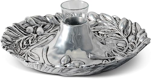 Arthur Court Bandeja de metal de aluminio con diseño de olivo para queso Tidbit con vidrio para palillo de dientes, plato de entretenimiento al aire