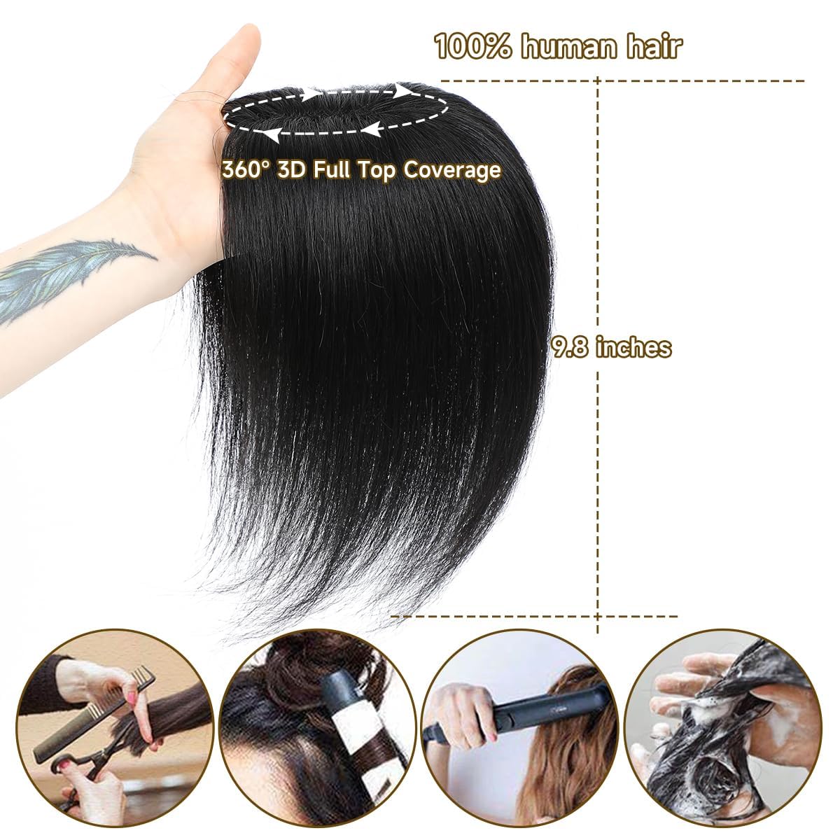 Invisible Hairline Hair Toppers for Thinning Hairs Women Real Hairs 10 Inch Cover Hair Topper Pieces with 150% Density (7 * 9" Natural Black) - Image 3
