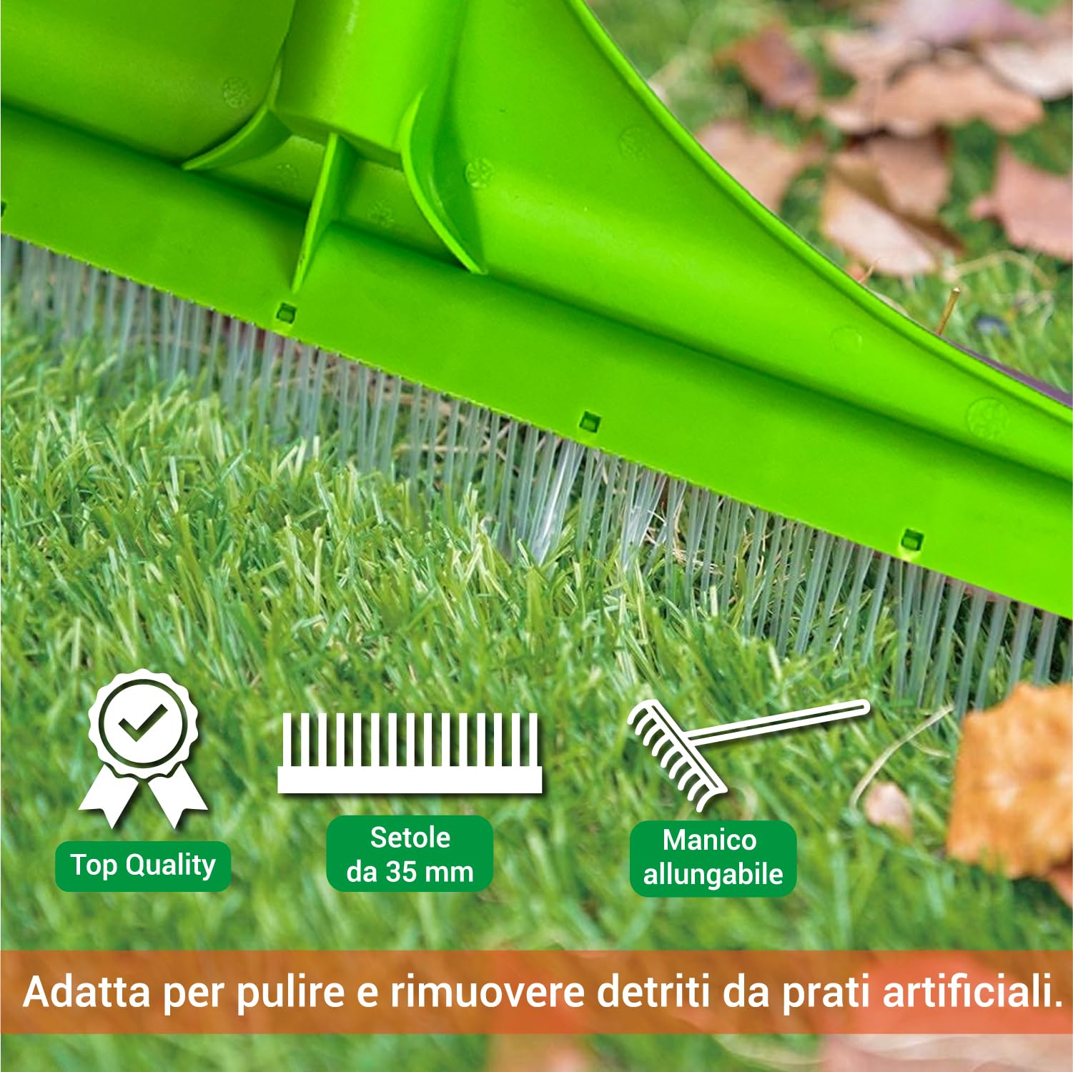 Crisalide® - Rastrello per Erba Artificiale Setole in Poliammide 35 mm, Doppia Fila, Asta Telescopica 80-130 cm, Larghezza 45 cm Manico Ergonomico in Gomma Per Pulizia e Cura di Prati Sintetici