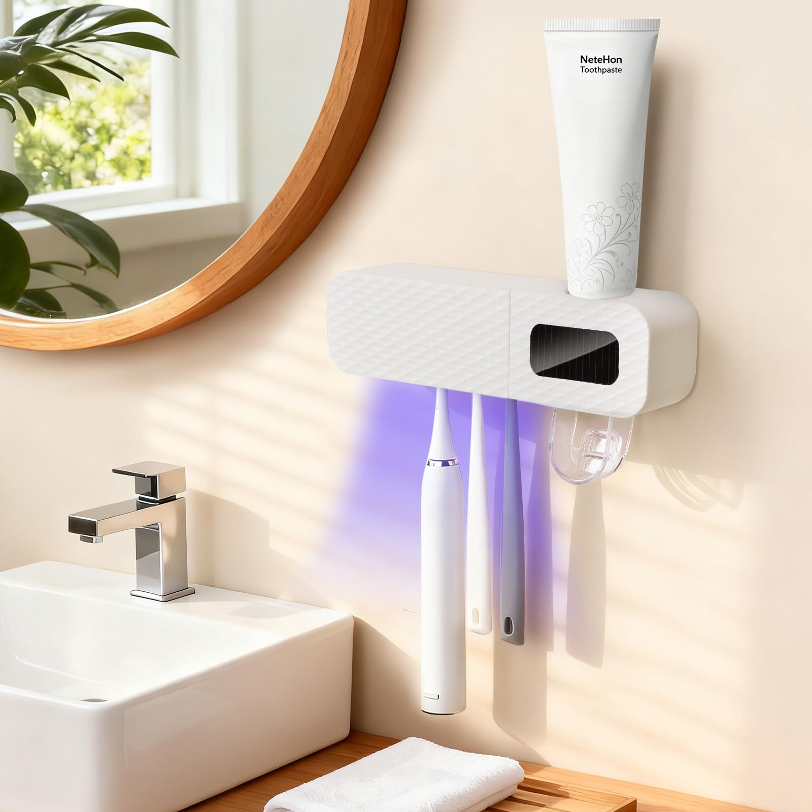 Photo 1 of ***MINOR DAMAGE***
NeteHon Smart Toothbrush Holder, Wall Mounted Toothbrush Holder with Toothpaste Dispenser, Drying Function and 3 Toothbrush Slots for Bathroom (White)