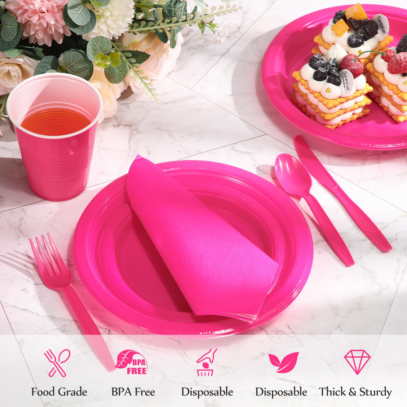 Maxcheck 700 Pcs Valentine's Day Hot Pink Party Supplies Set Included 7'' 9'' Pink Plastic Plates 12 oz Pink Plastic Cups Paper Napkins Plastic Spoons Forks Knives Pink Disposable Dinnerware Wedding