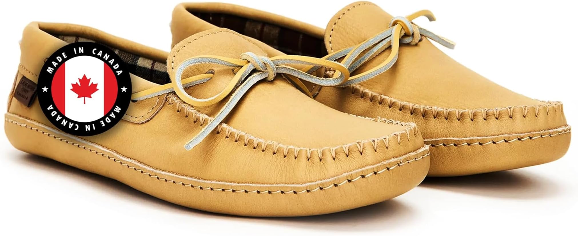 Leather Moccasins for Men – Stylish Mens Moccasin Slippers with Plaid Insole Lining, Comfortable Indoor Shoes, Single Lacing, Durable Leather Sole, Made in Canada
