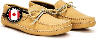 Leather Moccasins for Men – Stylish Mens Moccasin Slippers with Plaid Insole Lining, Comfortable Indoor Shoes, Single Lacing, Durable Leather Sole, Made in Canada