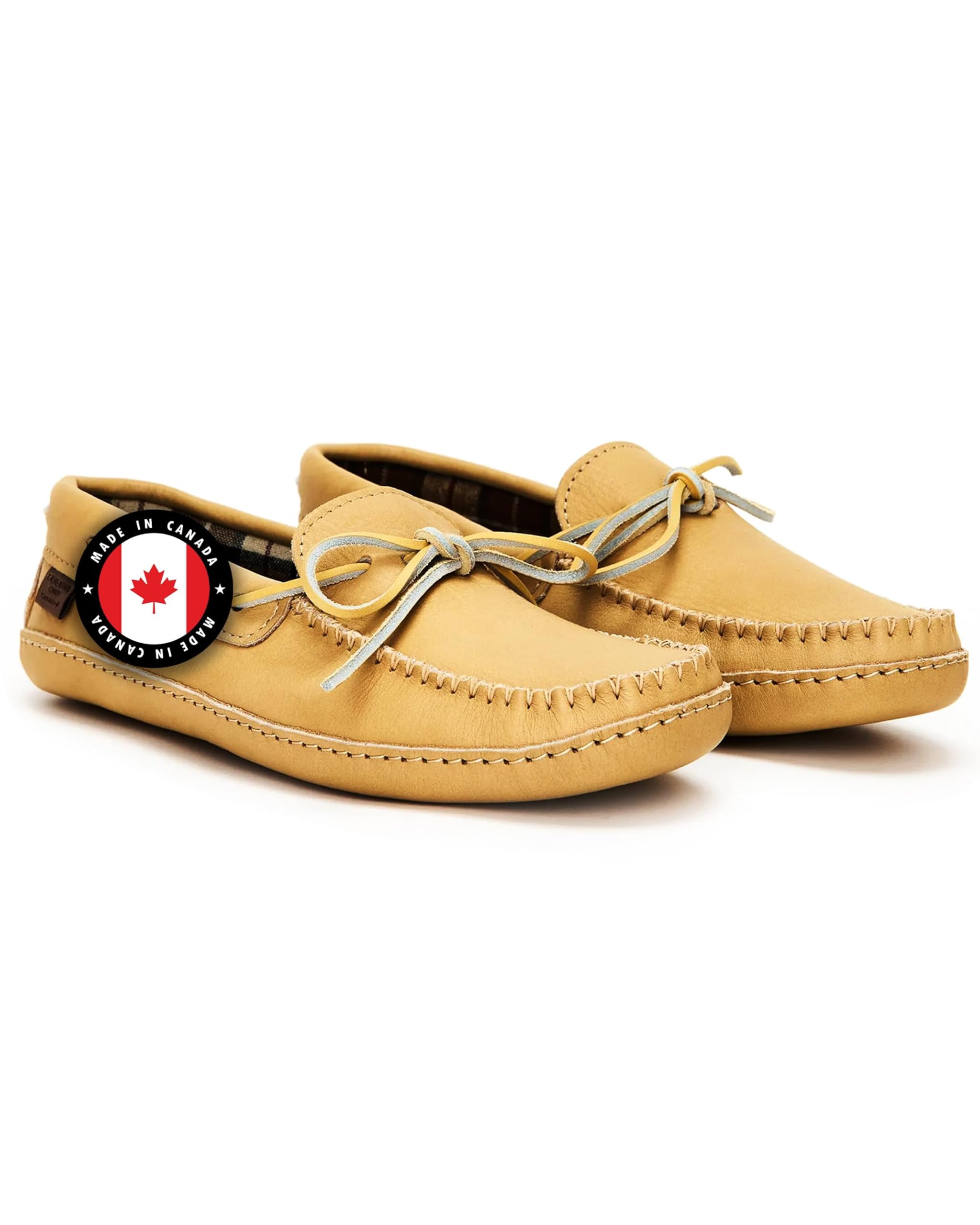 Laurentian Chief Leather Moccasins for Men – Stylish Mens Moccasin Slippers with Plaid Insole Lining, Comfortable Indoor Shoes, Single Lacing, Durable