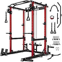 C12 Squat Rack for Home Gym, 2000LBS Power Rack with Adjustable Pulley System, Power Cage Workout Equipment with LAT Pulldown and Training Attachment