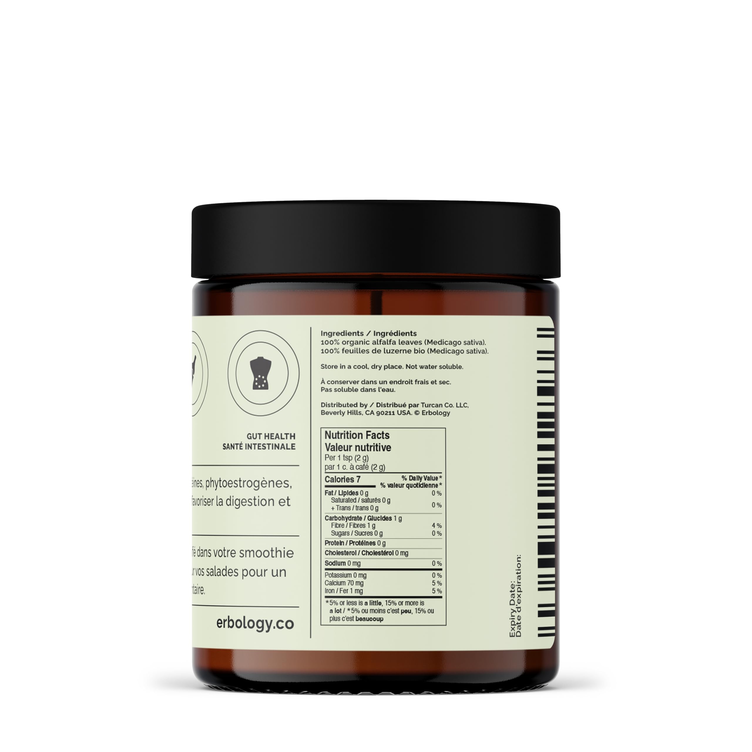 Erbology Polvo de alfalfa orgánica de 90 g, 45 porciones, apoya la salud ósea e intestinal, rico en vitamina A, calcio y hierro, de origen sostenible directamente de la granja, lote pequeño, vegano,