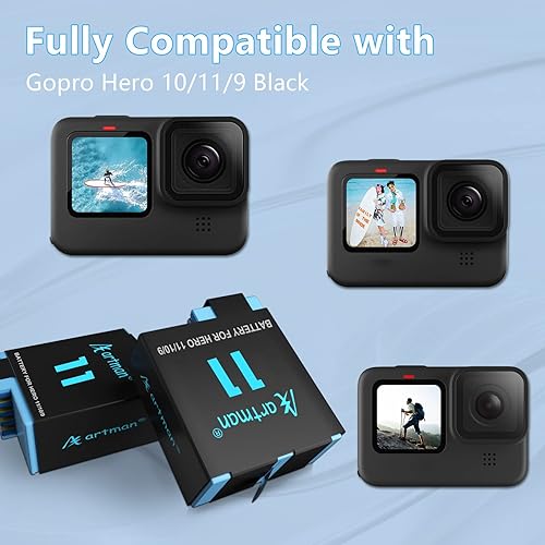 Miniatura 2 de Artman Hero 10119 - Paquete de 3 baterías (1800 mAh) y cargador rápido de almacenamiento USB de 3 canales para GoPro Hero 10 Black, Hero 11 Black,