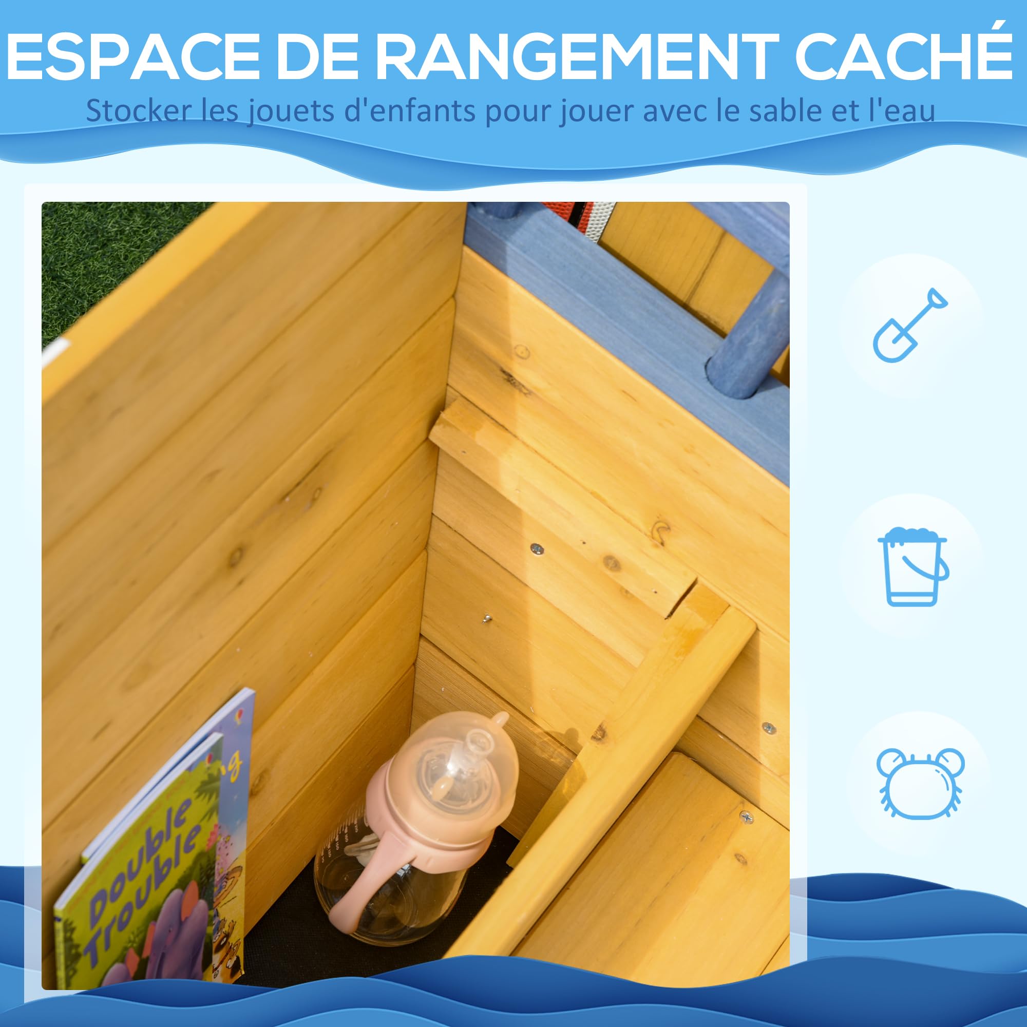 Outsunny Bac à Sable Enfant Bateau Pirate avec Rangement en Bois de Sapin | Gouvernail, drapeau rouge, 2 marches, tissu non tissé, jaune