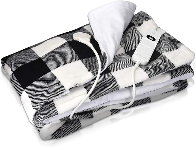 Navaris Electric Blanket - Double Size Heated Over Blanket with 3 Heat Settings and Auto Shut Off Timer - Plush Polyester Bed Throw (Check Pattern)