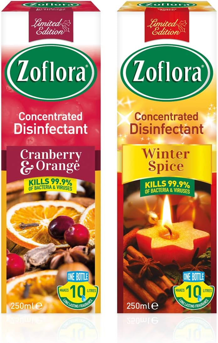 Zoflora Winter Spice and Cranberry & Orange 8pc x 250ml,Concentrated 3-in-1 Multipurpose Disinfectant Kills 99.9% of Bacteria & Viruses