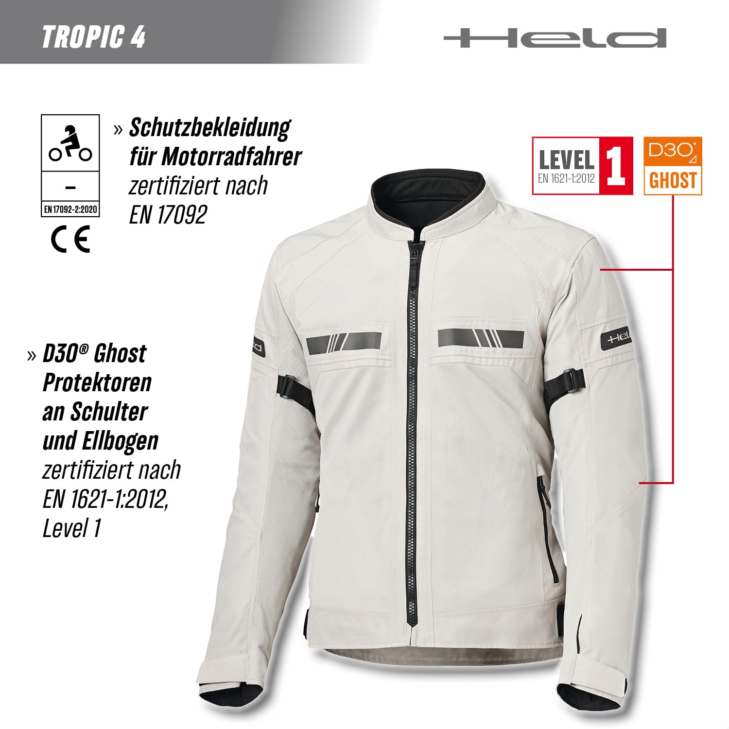 Held Tropic 4 Top Sommer Motorrad Jacke Herren - Sportliche und Luftige Mesh Sommerjacke - Leichte Motorradjacke mit Protektoren D3o Ghost Level 1 - CE Schutzklasse A, Grau, Größe XL | CE-Protektoren