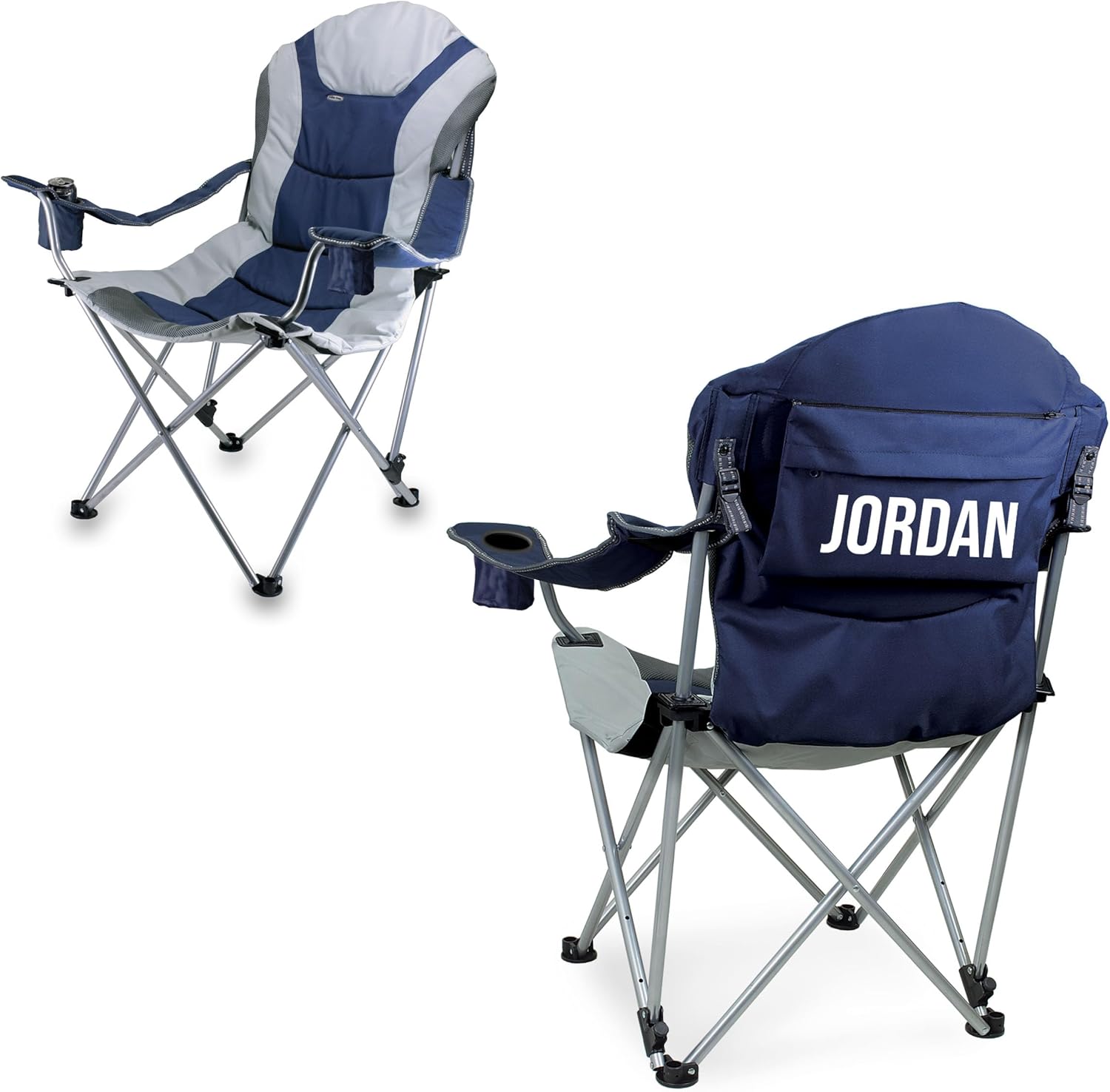 PICNIC TIME Personalized Reclining Camp Chair, Custom Beach Camping Chair for Adults, Sports Chair with Carry Bag, (Navy Blue with Gray Accents)