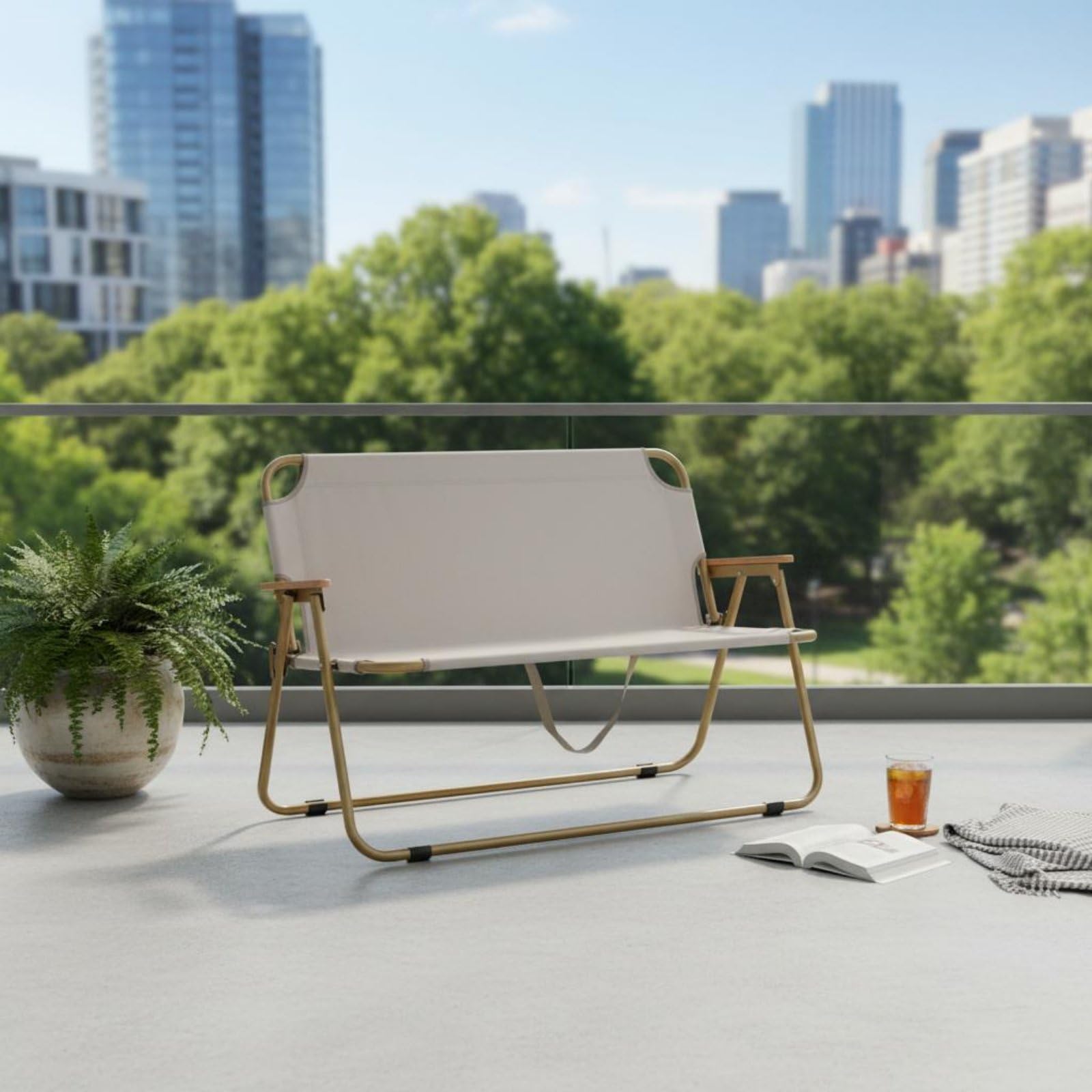 Outdoor Faltstuhl Doppel Campingstuhl Klappbank Loveseat mit Strapazierfähigem Oxford Bezug Stabilem Stahlrahmen Und Angenehmen Armlehnen Faltbar für, Khaki Rahmen Grün