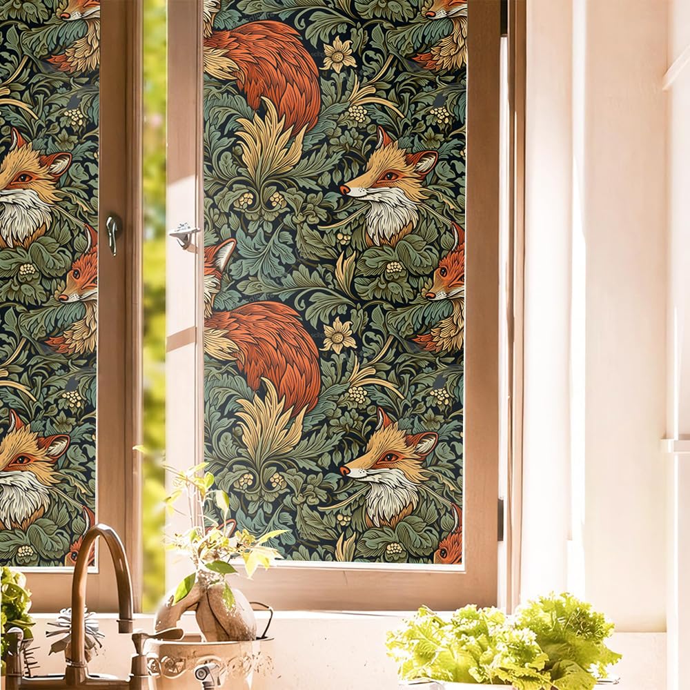 16“x118 Boho Antique Fox Herbs Double Side Window Films Decorative Window Privacy Tinting Film Self-Adhesive Static Glass Window Clings Stickers for Living Room Bathroom Glass Windows Decor