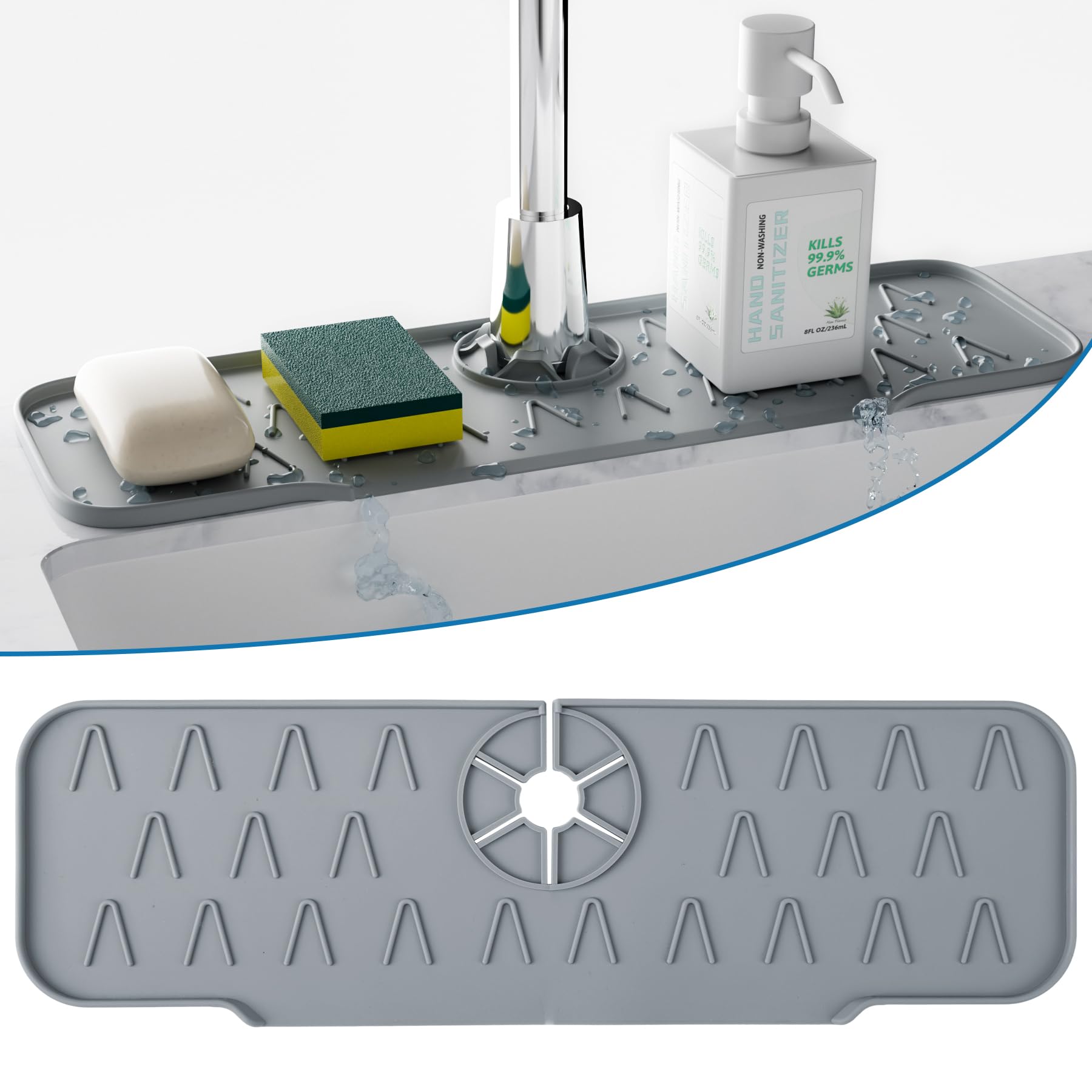 Antimbee Silicone Sink Faucet Mat - Sponge Holder, Drying Mat and Silicone Faucet Handle Drip Catcher Tray for Kitchen Sink Accessories, Bathroom and Kitchen Sink Splash Guard, 14.7"x4.5", Grey