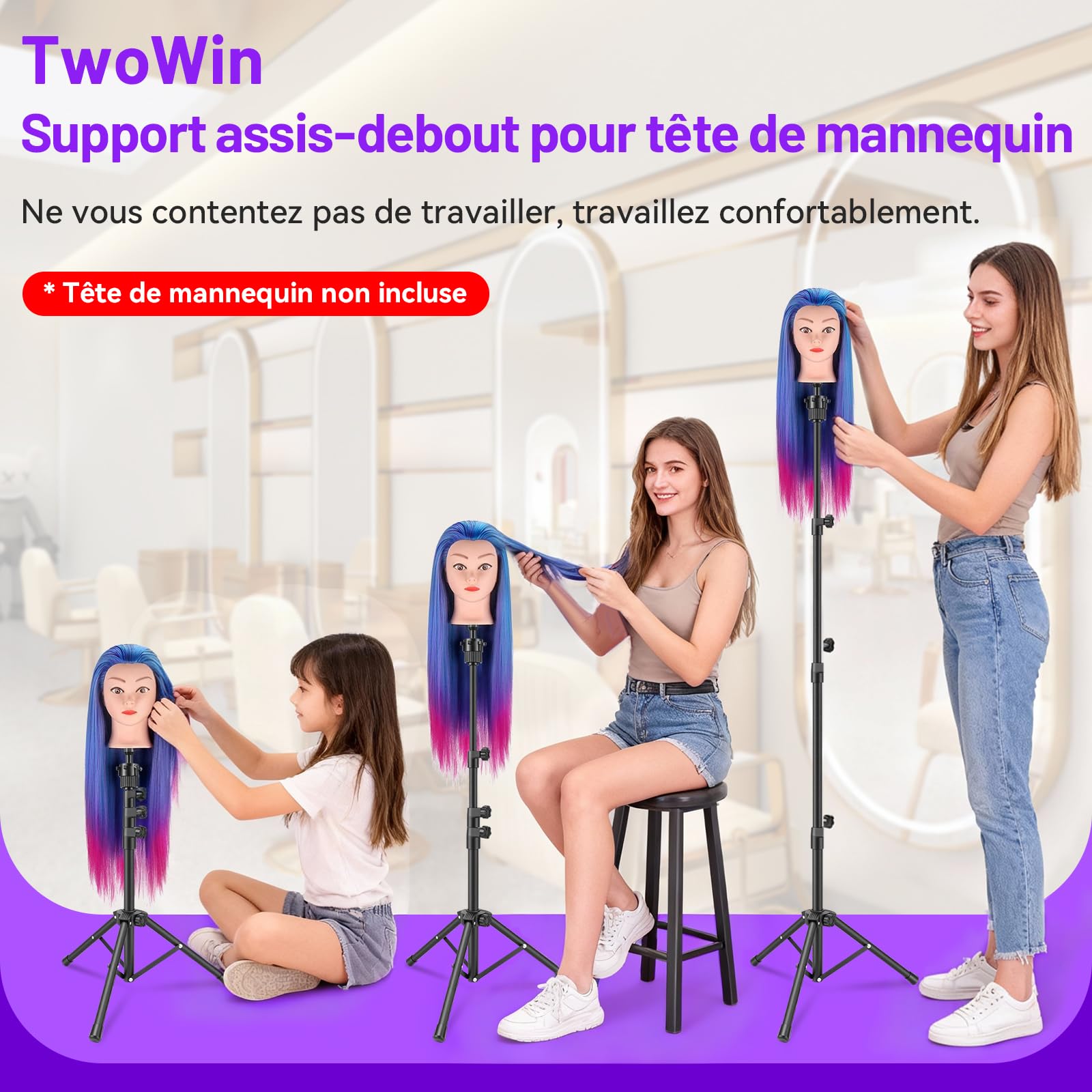 TwoWin Support de Tête de Mannequin Réglable 59-140 cm, 23,2-55 Pouces Trépied pour Perruques, Porte Perruques avec Base Antidérapante, Idéal pour l‘Entraînement en Coiffure et Cosmétologie