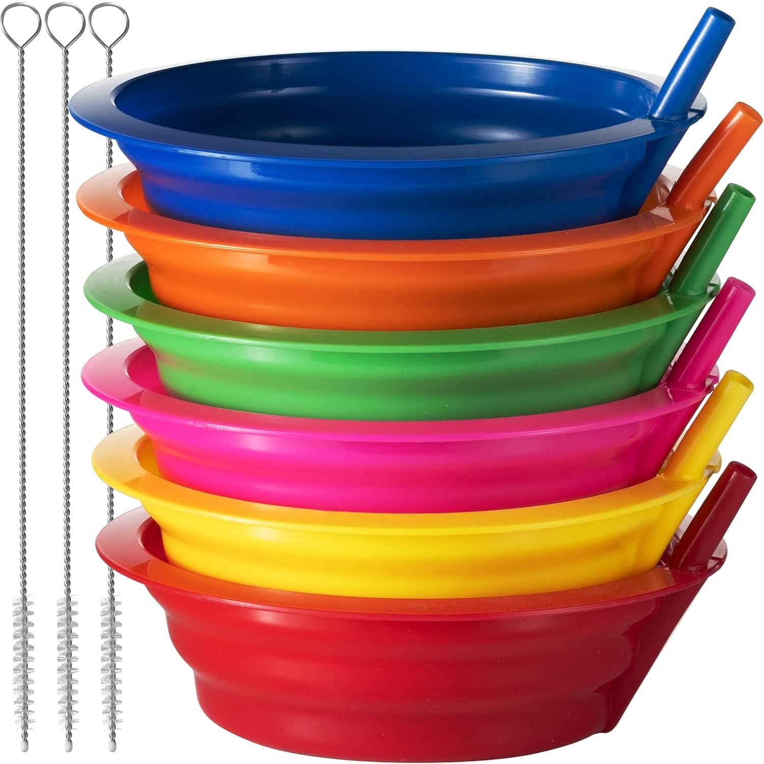JoyServe Ciotole per cereali con cannucce per bambini - (set da 6 ciotole da 20 once) Ciotole riutilizzabili in plastica senza BPA con cannucce integrate per bambini e neonati