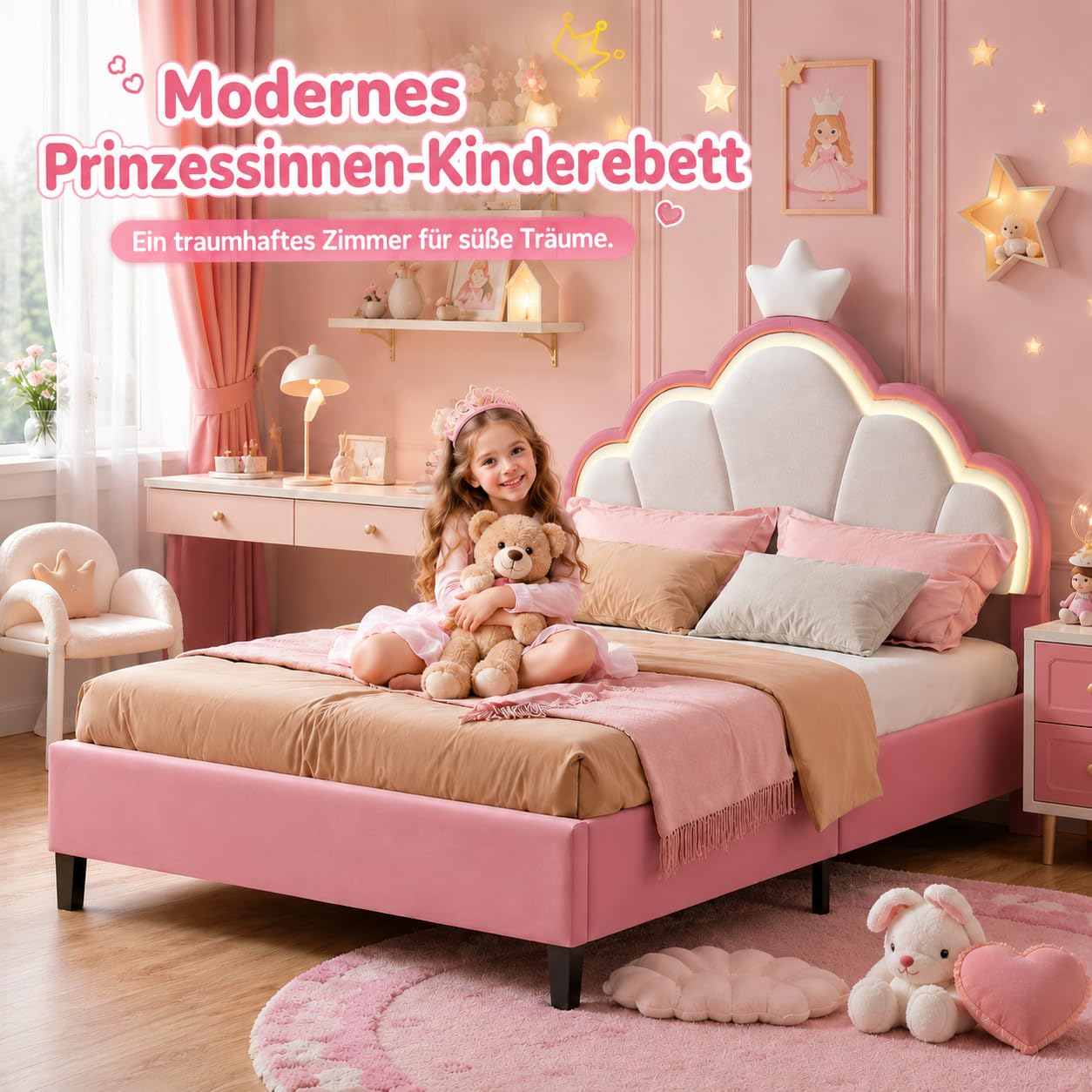 Letto per bambini imbottito 140 x 190 cm, letto matrimoniale a LED per ragazza, telaio letto con testiera regolabile in altezza a forma di corona e rete a doghe, letto da bambina giovane in velluto