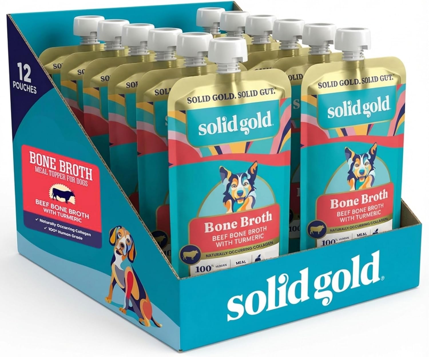 Solid Gold Beef Bone Broth for Dogs - Limited Ingredient Bone Broth Dog Food Toppers for Picky Eaters with Collagen & Superfoods - Dog Gravy Topper for Dry Food - Gut Health & Hydration - 12 Pack