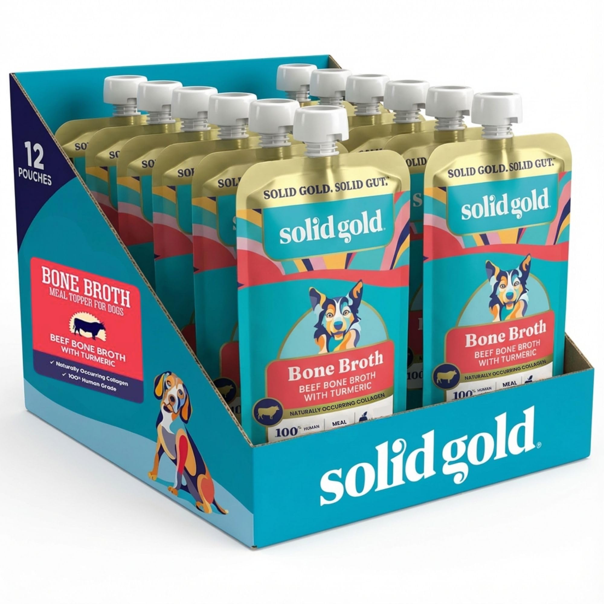 Beef Bone Broth for Dogs - Limited Ingredient Bone Broth Dog Food Toppers for Picky Eaters with Collagen & Superfoods - Dog Gravy Topper for Dry Food - Gut Health & Hydration - 12 Pack