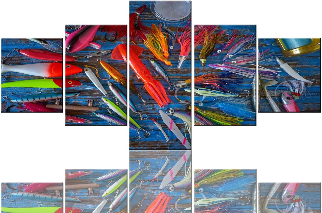 House Decorations Living Room Fishing Tools and Lures Pictures Blue Wood Paintings 5 Panel Prints Wall Art on Canvas Giclee Premium Quality Artwork Framed Stretched Ready to Hang(50''W x 24''H)