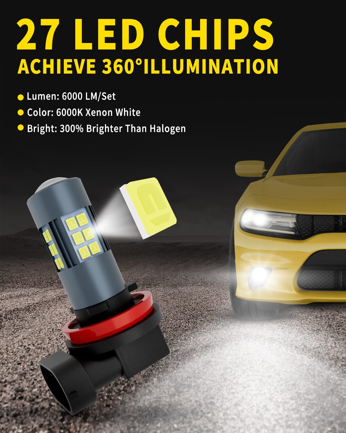 MEALAM H11/H8/H9/H16 LED Fog Light Bulbs/DRL, 3000 Lumens Super Bright, 6000K Xenon White, 300% Brightness, Non-polarity Play and Plug, 360-degree Illumination 27 SMD Chips for Car, Truck (Pack of 2)
