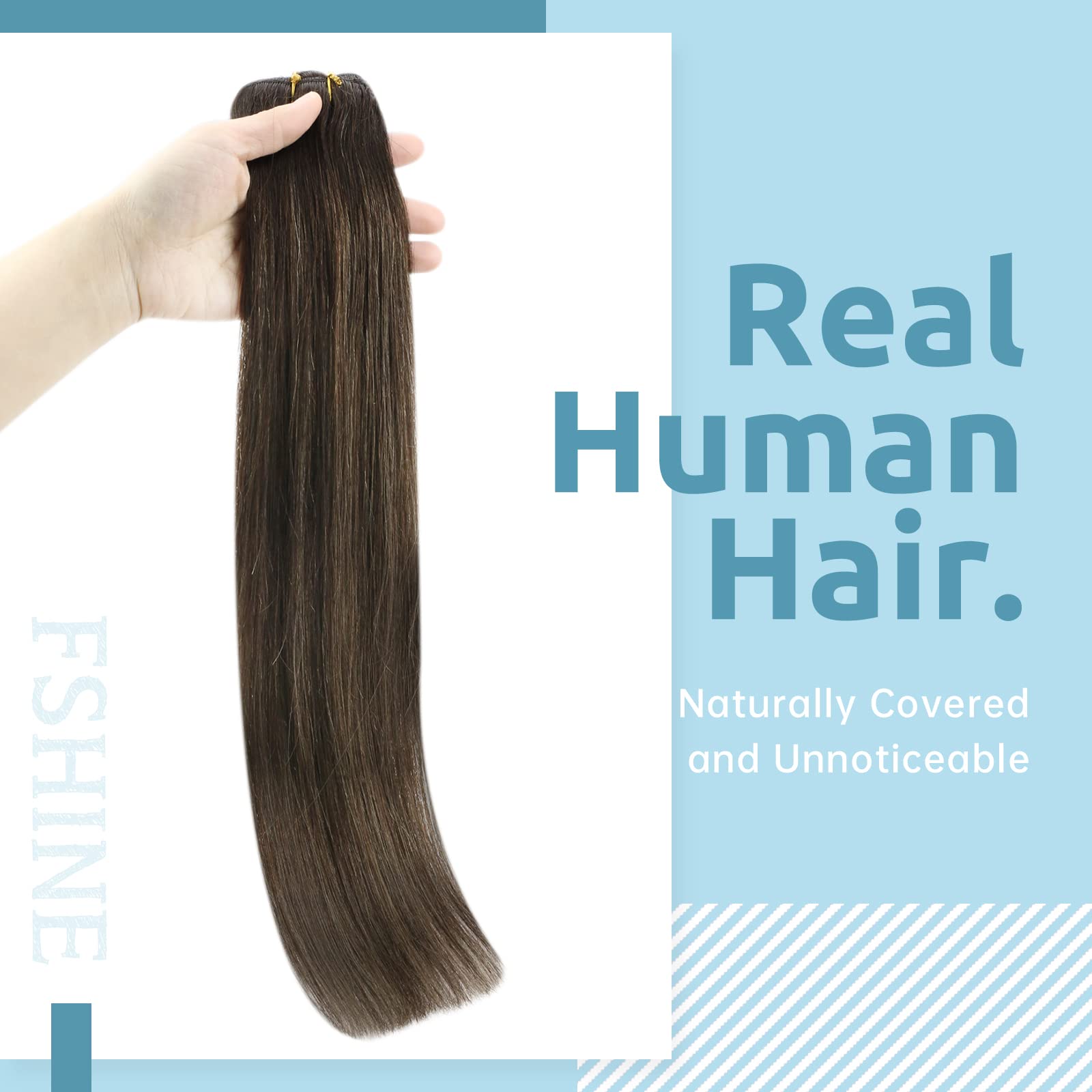 Fshine Extension Capelli Clip 35.5cm 50g 3pcs Castano Scuro Con 8 Castano Medio e 2 Marrone Scuro Estensioni a Doppia Trama Dei Capelli Umani Clip in Capelli Umani Veri Capelli Umani
