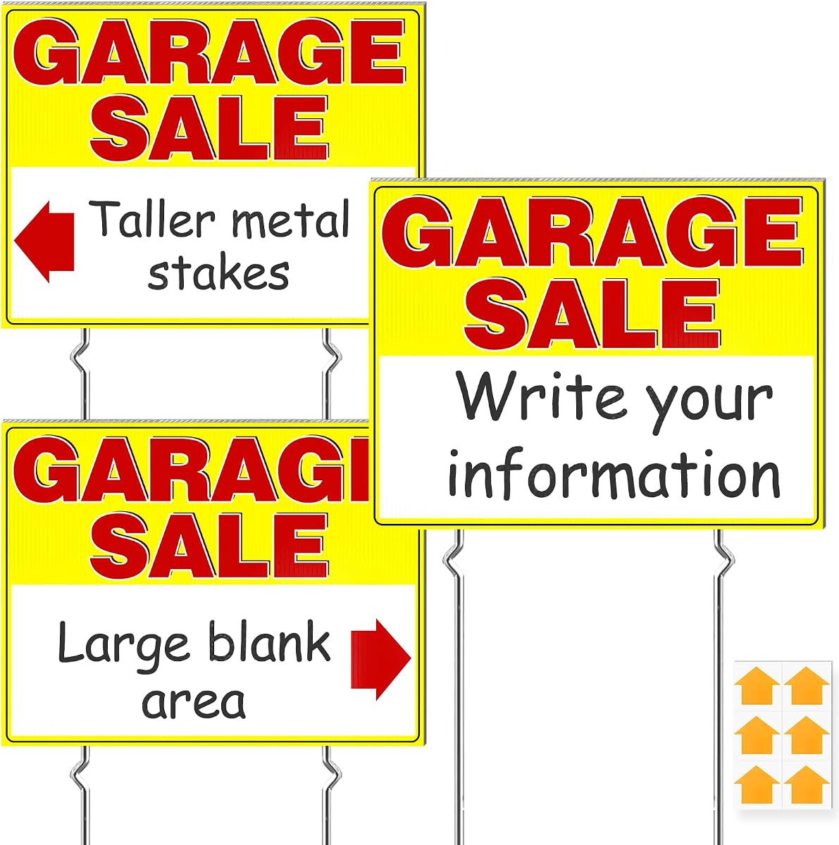 Remiawy Garage Sale Signs, 3 Pcs Yard Signs with Metal Stakes, 17x13 Inch Double Sided Large Corrugated Plastic Garage Sale Kit with Directional Arrows Stickers for Event, Weatherproof, Yellow