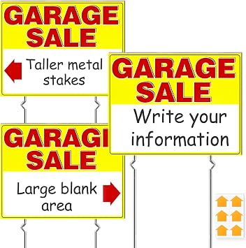 Remiawy Garage Sale Signs, 3 Pcs Yard Signs with Metal Stakes, 17x13 Inch Double Sided Large Corrugated Plastic Garage Sale Kit with Directional Arrows Stickers for Event, Weatherproof, Yellow