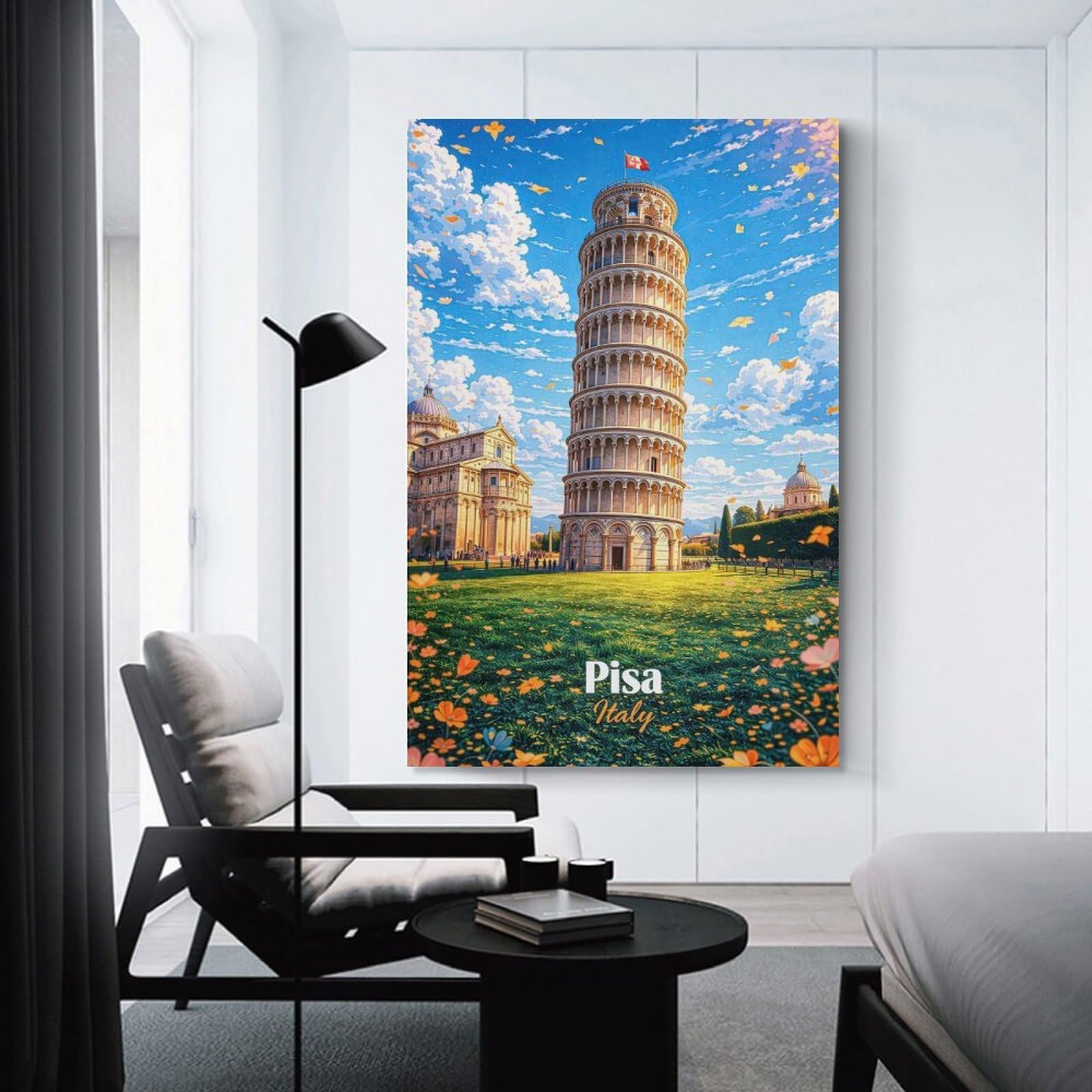 Wall Picture Print Leaning Tower of Pisa with Flowers, 20x30inch(50x75cm), for Living Room, Bedroom Or Home Office, Home Decor Gift with Stylish Appeal