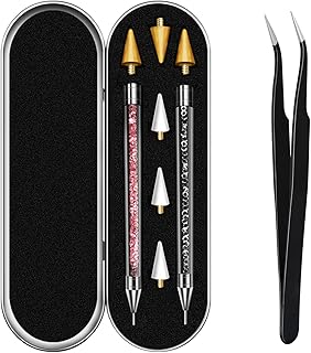 Rhinestone Picker Tool, Dual-ended Rhinestones Applicator Nail Art Design Tool, 2 Pack Acrylic Handle Nail Pen with 4 Extra Wax Tips and1 Tweezer