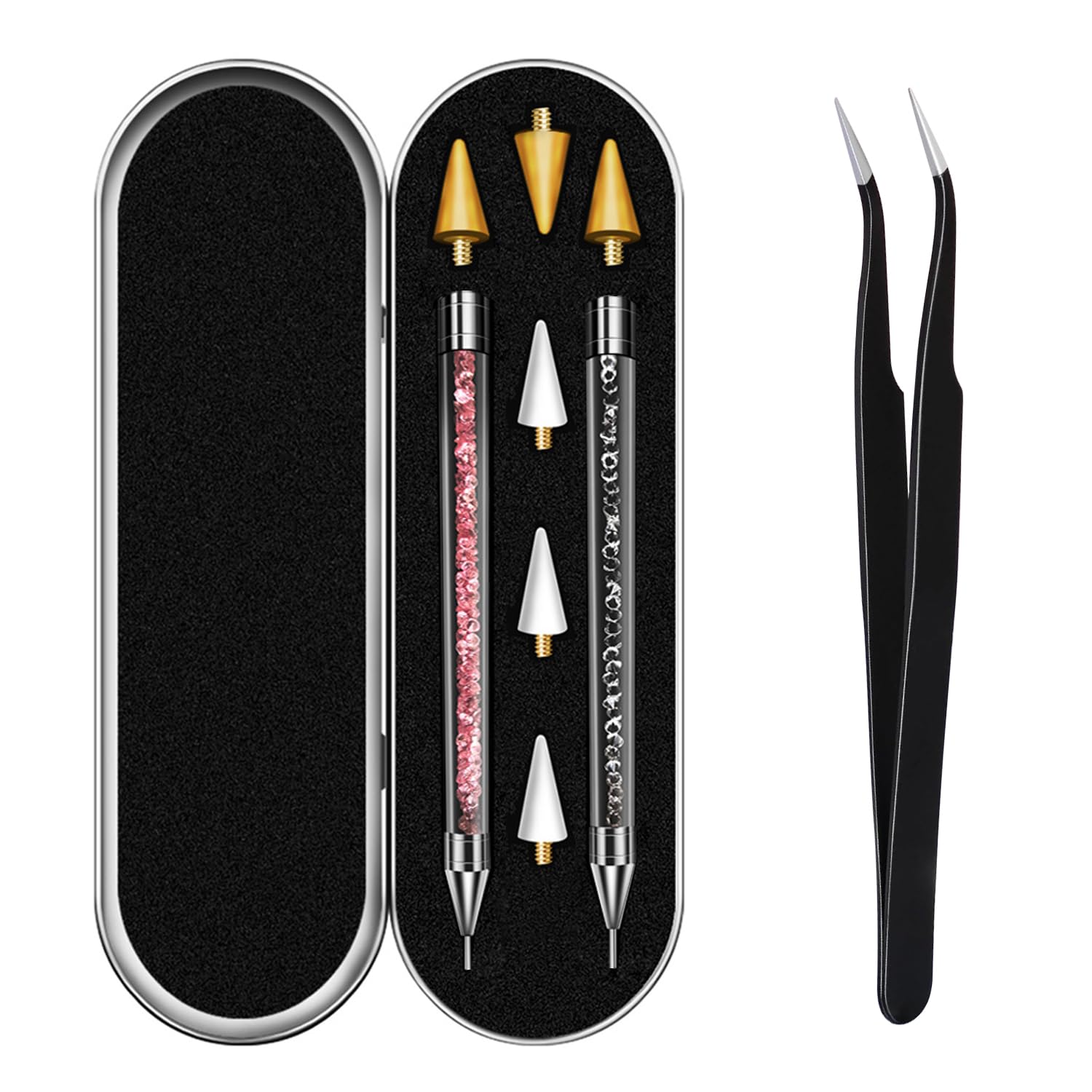 Rhinestone Picker Tool, Dual-ended Rhinestones Applicator Nail Art Design Tool, 2 Pack Acrylic Handle Nail Pen with 4 Extra Wax Tips and1 Tweezer